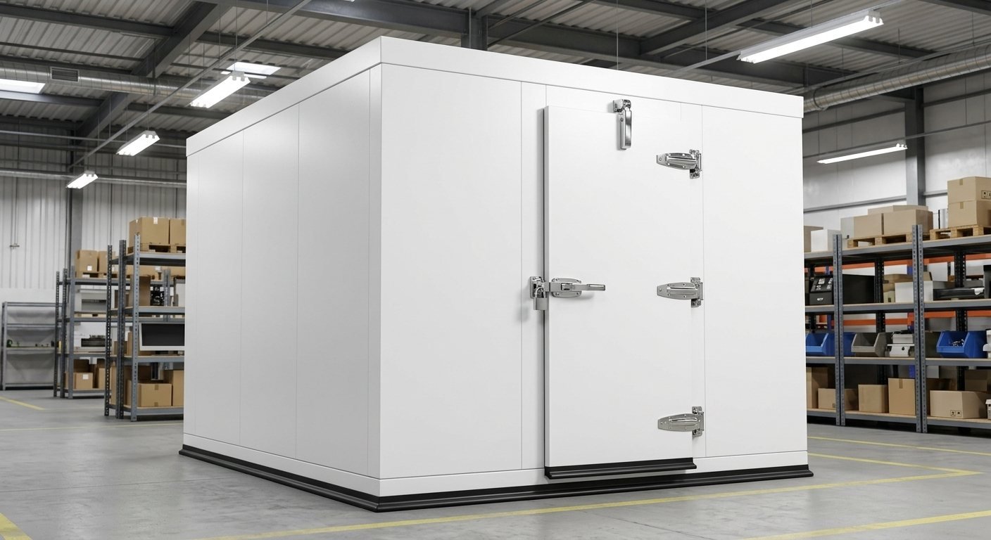 White walk-in cold room with insulated panels and heavy-duty door hardware