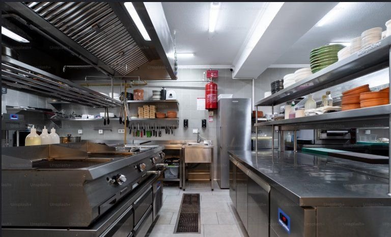 Commercial kitchen stainless-steel prep line