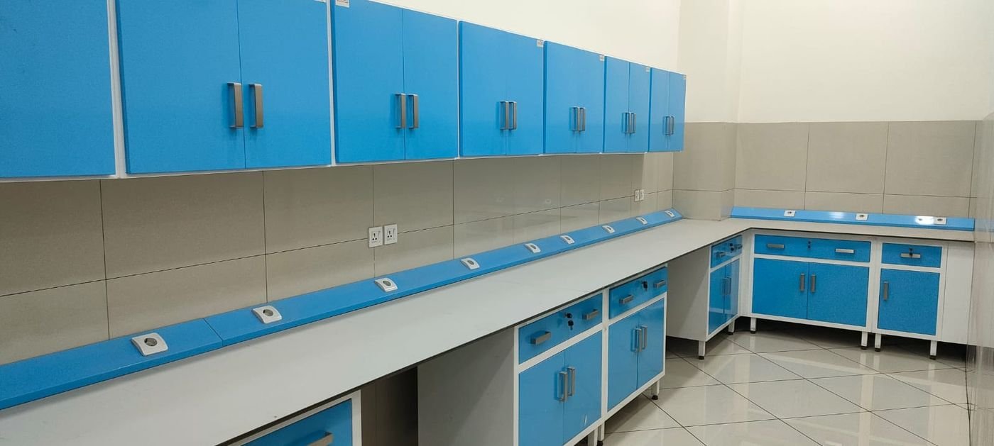 Wall and base cabinets along a laboratory wall