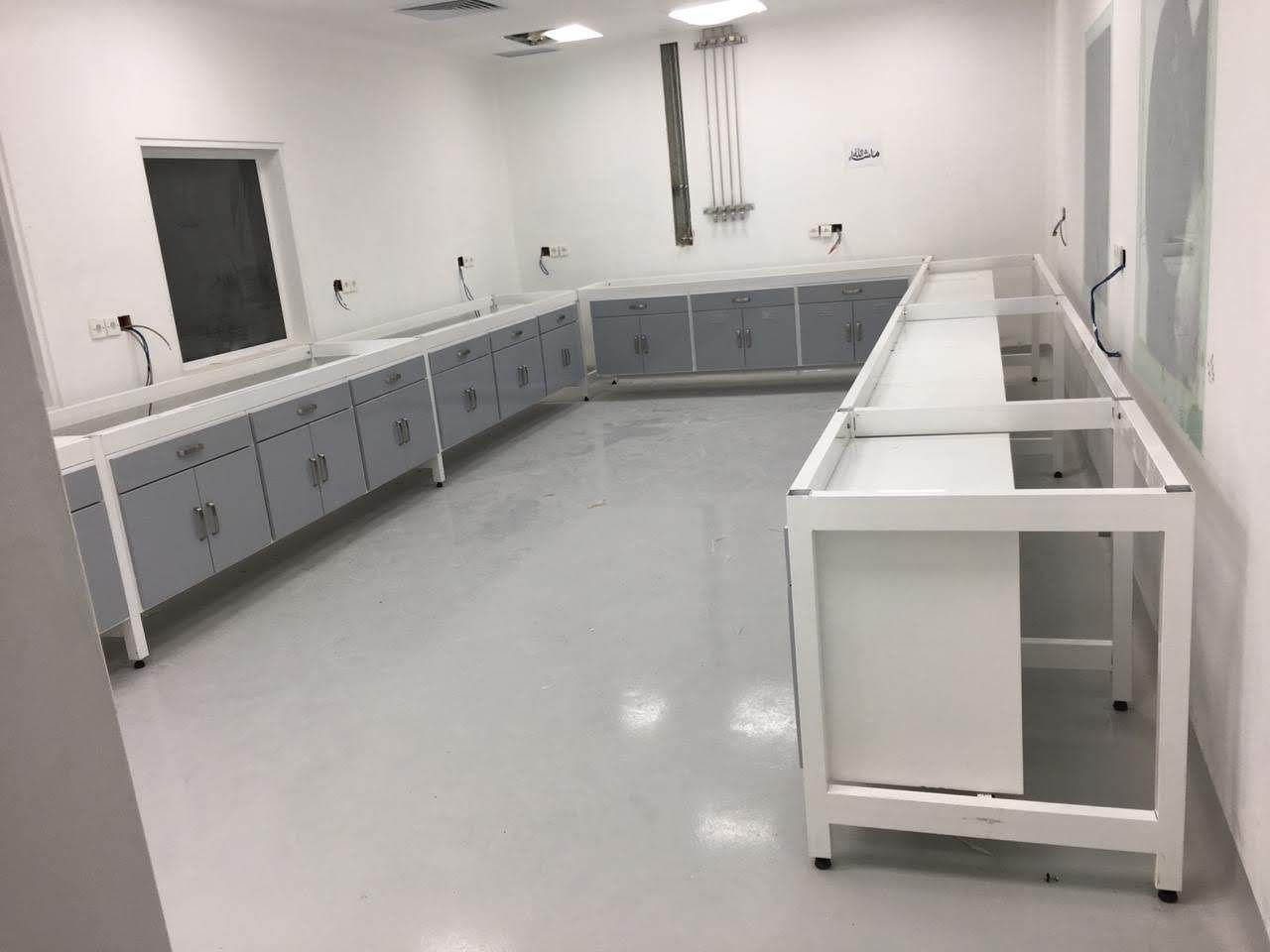 Laboratory bench frames during installation